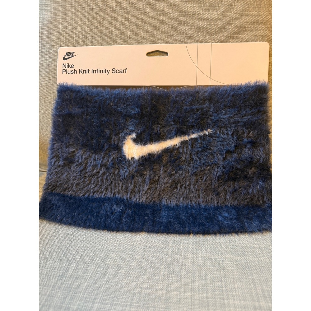 Nike Plush Knit Infinity Scarf Navy Blue Faux Fur Winter Neck Warmer